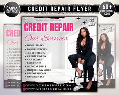 a flyer for a credit repair company with an image of a woman sitting on a stool