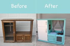 before and after photos of an old tv cabinet turned into a bookcase with glass doors