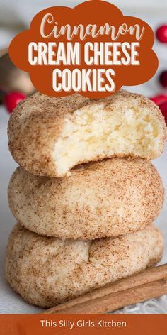 cinnamon cream cheese cookies lined on top each other Cream Cheese Cookie, Recipes Using Cream Cheese, Cinnamon Cream Cheese, Cream Cheese Desserts, Lost 100 Pounds, Cheese Cookies, Cream Cheese Cookies, Cheese Dessert