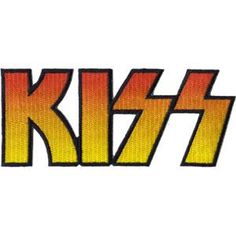 the word kiss written in red and yellow letters on a white background with an orange stripe