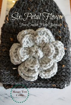 a crocheted hat with a flower on it and the text six petal flower free crochet pattern