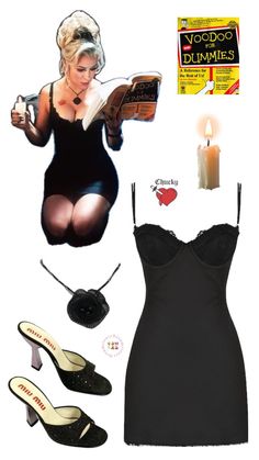 a woman in black dress and heels with candles, candlelight, book and other items