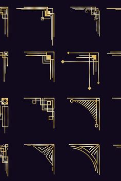 art deco design elements in gold and black on a dark background, set of 12