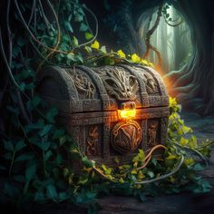 an image of a chest in the woods with leaves around it and light coming out