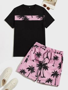 Multicolor Vacation Collar Short Sleeve  Tropical  Embellished Slight Stretch  Men Co-ords Pink Short Sleeve Sets For Beach Season, Summer Beach Sets With Graphic Print, Casual Black Sets For Beach Season, Men Nike Outfits, Dye Plants, Summer Work Dresses, Mens Shorts Outfits, Hype Clothing, Drawstring Waist Shorts