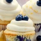 two cupcakes with blueberries and cream frosting on top are sitting next to each other