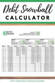 the debt snowball calculator is shown in green and white, with text overlay