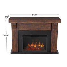 an electric fireplace with the measurements for it's mantle and fire place in front