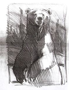 a black and white drawing of a bear sitting on its hind legs in front of a window