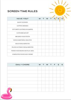 This summer checklist is perfect at ensuring that summer break doesn't mean hanging out watching TV or playing on their tablets all day. Add some structure to their day by making sure they are using their day to not only keep themselves and their spaces tidy but also are helpful humans around the house. There is space for you to write in the daily chore that would be most helpful and age appropriate - whether that is doing the laundry or dishes, vacuuming or simply putting their clothes away aft Before Screen Time Checklist Summer, Screen Time Reward Chart, Screentime Checklist For Kids, After School Screen Time Checklist, Screen Time Chart Free Printable, Before Electronics Checklist, Screentime Rules For Kids, Summer Checklist For Teens, Before Screen Time Checklist