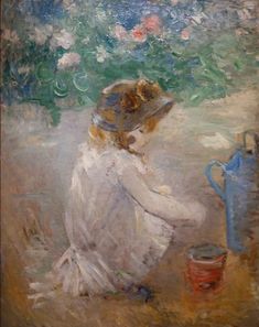 a painting of a woman sitting on the ground with a watering can in her hand