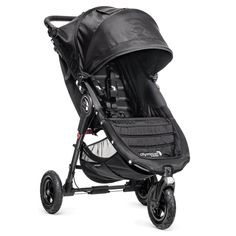 the baby stroller is black and has wheels