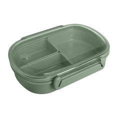 a green plastic container with compartments for food