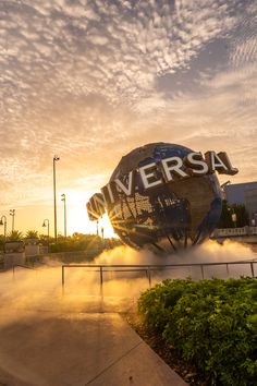 A photo of the Globe at Universal Orlando Resort in front of Universal Studios Florida during the sunrise golden hour. It's welcoming you to the park and inviting you to have an awesome day! Orlando Florida Universal Studios, Universal Studios Orlando Trip, Universal Islands Of Adventure, Universal Parks, Volcano Bay, Orlando Travel, Universal Studios Florida, Disney Orlando, Universal Studios Japan