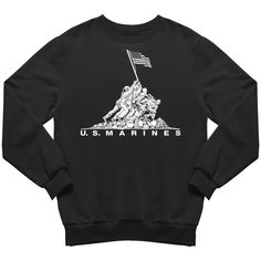 DESCRIPTION: CORPORAL'S XMAS COLLECTION TRADITION ----- QUALITY ----- DISCOUNTS $$$ Honor the legacy of the Marine Corps with our iconic Iwo Jima flag-raising Sweatshirt. Paying tribute to courage and camaraderie, this sweatshirt is more than apparel—it's a symbol of resilience and pride. Set-in sleeves Double-needle stitching at shoulders, armholes, neck, waistband and cuffs 1x1 rib with spandex Quarter-turned to eliminate center crease Black Flag Print Top For Streetwear, Patriotic Crew Neck Sweatshirt With Graphic Print, Patriotic Graphic Print Sweatshirt, Patriotic Long Sleeve Sweatshirt With Graphic Print, Cotton Crew Neck Sweatshirt With Flag Print, Black Crew Neck Top Made In Usa, Iwo Jima Flag, Iwo Jima, Us Marine Corps