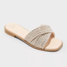 Women's Felicia Rhinestone Slide Sandals - A New Day™ : Target Memory Foam Sandals, Rhinestone Slides, Cream Sandals, Mary Jane Ballet Flats, Target Shoes, Ankle Tie Sandals, Rhinestone Flats, Silver Sandals, Size 11 Heels