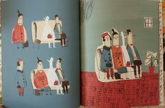 an open children's book with pictures of people and animals on it, surrounded by other books