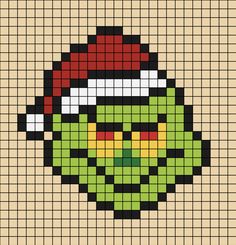 A pixel art template of The Grinch's face with a Christmas hat on. Perler Bead Patterns Grinch, Pearler Bead Christmas Patterns, Grinch Pixel Pattern, Pixel Art Grid Christmas, Pixel Art Ideas Christmas, Small Christmas Pixel Art, Santa Pixel Art, Pixel Christmas Art, Pixel Art Pattern Christmas