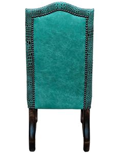 an upholstered green chair with wooden legs and nail polishing on the back