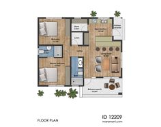 the floor plan for a two bedroom apartment with an attached kitchen and living room area