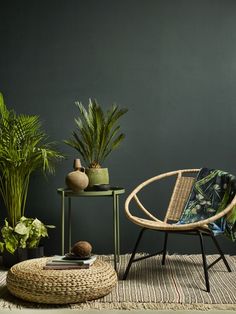 a chair and table with plants on the floor