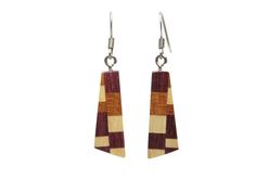 "This is a pair of unique earrings handmade from beautiful natural woods. The woods used to create these earrings are purpleheart, cherry, and maple. They are completely free of dyes and stains. The colors are the natural colors of the species of wood.  They are finished with four coats of hand rubbed polyurethane for beauty and protection and hand polished with wax to highlight the natural beauty of the color and grain of the wood.  The wood is 1 1/8\" long,  3/8\" at its widest point, and 1/8\" thick. The earrings are very lightweight! The hooks are surgical stainless steel, which is hypoallergenic and won't tarnish. All of my earrings are crafted by hand. Because of the method I use, you can be sure that no two pairs are ever identical.  The pair you will receive is the one pictured and Handmade Brown Geometric Earrings, Brown Geometric Earrings Gift, Brown Geometric Earrings As Gift, Buffalo Ny, Wood Earrings, Natural Colors, Handmade Wood, Unique Earrings, Earrings Handmade