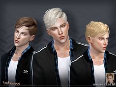 three male avatars with white hair and blue eyes, one wearing a black jacket