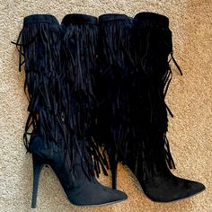 Brand New, Just Fab, Size 9, Black, Suede Pointy-Toed Tassel Boots. Never Worn Tassel Boots, Just Fab Shoes, Justfab Shoes, Shoes Brand, Shoes Heels Boots, Shoe Brands, Black Suede, New Black, Shoes Women Heels