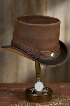 Inspired by 19th century fashion, the Steampunk Leather Topper makes a tall, dark statement at the party or pub. Free shipping + returns. Leather Top Hat, Steampunk Top, Brown Leather Top, Steampunk Top Hat, Steampunk Leather, Steampunk Hat, Hat Style, For Him Gifts, Him Gifts