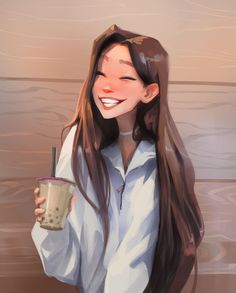 a woman with long hair holding a coffee cup