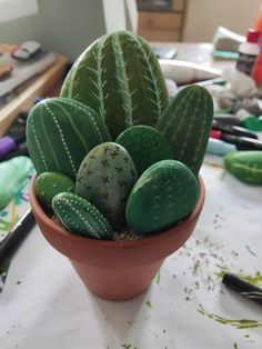 a potted cactus with green leaves on a table next to markers and paintbrushes