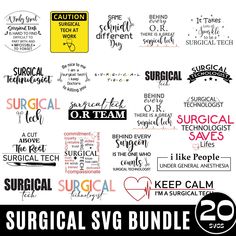 the surgical svg bundle includes several different font styles and designs for each type of item