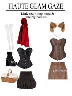 four different types of corsets and skirts with text overlay that reads, hate glamgaze little red riding hood & the big bad wolf