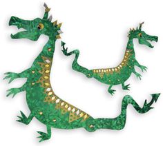 two green alligators with gold spikes on their backs