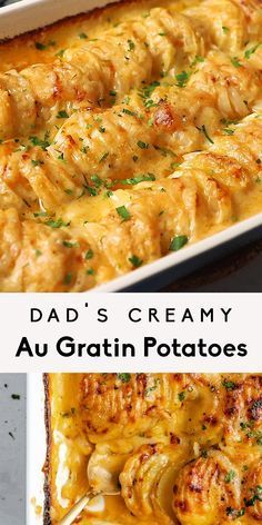 an image of a casserole dish with chicken and cheese in it, the title reads dad's creamy au gratin potatoes