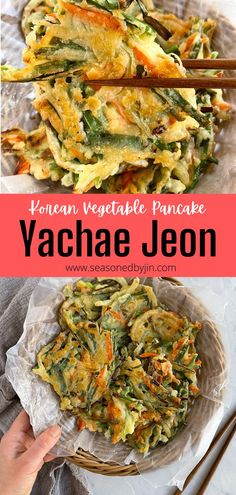 pan fried vegetable pancakes, Korean version, served with chopsticks. Vegetable Pancakes Korean, Korean Jeon Recipe, Jeon Pancake, Jeon Recipe, Korean Vegetable Pancakes, Korean Veggies, Vegetable Pancake, Korean Vegetables, Veggie Cakes