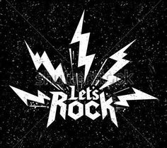 let's rock logo with lightning bolt and stars on the black background, for t - shirt or poster design