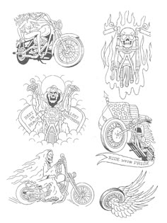 four different types of tattoos on a white background, one with a motorcycle and the other with