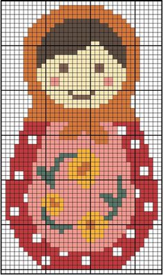 a cross stitch pattern with an image of a person wearing a red coat and scarf