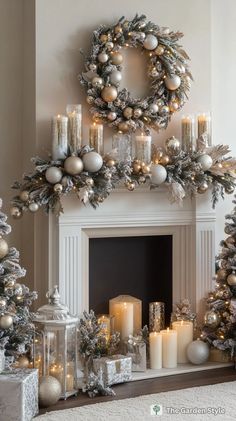 a mantel with candles and christmas decorations