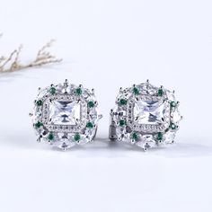 Luxury Diamond Jewelry, Emerald Stud Earrings, Vintage Inspired Earrings, Halo Stud Earrings, Emerald Earrings Studs, Emerald Cut Moissanite, Stone Wrapping, Halo Earrings Studs, Emerald Stone