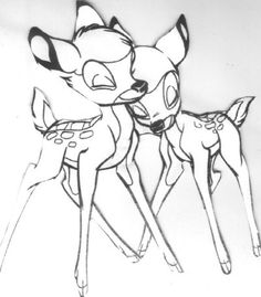 two deers standing next to each other in front of a white background with black lines