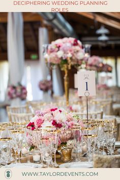 the table is set up for a wedding with pink and white flowers in vases