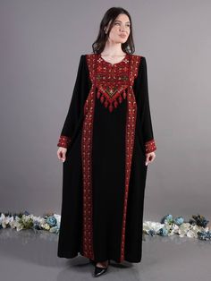 Combines Traditional Embroidery with Modern Design:Discover the charm of our 4 Veins Tatreez Abaya, a perfect blend of cultural heritage and contemporary style. Handcrafted with Intricate Tatreez Patterns:Each abaya is adorned with detailed Tatreez embroidery, symbolizing rich cultural heritage and exceptional craftsmanship. Symbol of Cultural Heritage:Represents the art and history of traditional Palestinian embroidery, making it a meaningful and elegant addition to your wardrobe. Made with Hig Kaftan Abaya, Traditional Embroidery, Embroidery On Clothes, Cultural Heritage, Modern Elegance, Formal Event, Plus Size Dresses, Wardrobe Essentials, Elegant Design