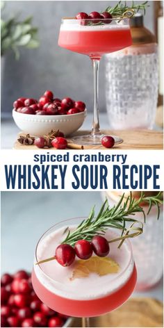 two glasses filled with cranberry whiskey sour recipe