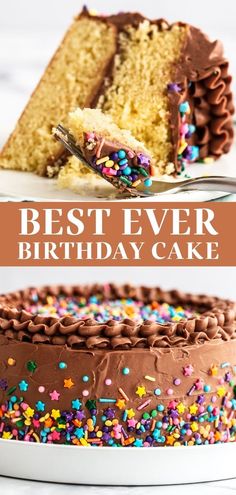 the best ever birthday cake with chocolate frosting and sprinkles