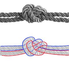 two different ropes with one knot and the other knot in red, white, and blue