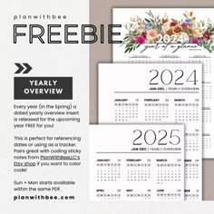 three calendars with flowers on them and the text, freebie year - over view