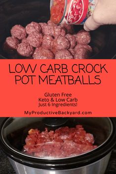 a crock pot with meatballs in it and the title overlay reads low carb crock pot meatballs