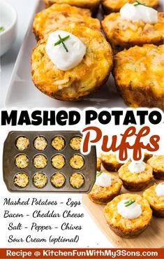 an advertisement for mashed potato puffs and other baked goods